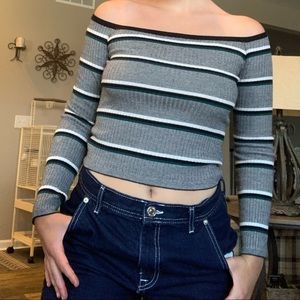 Teal white and grey striped off the shoulder top